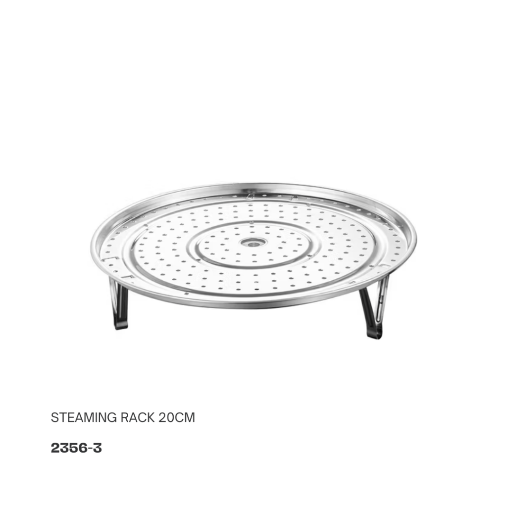 20cm stainless steel steaming rack with perforated design and sturdy legs.