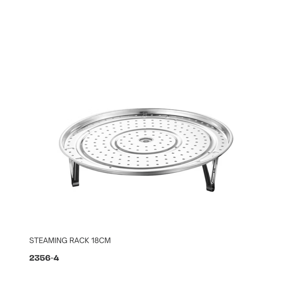 18cm stainless steel steaming rack with perforated design and support legs.