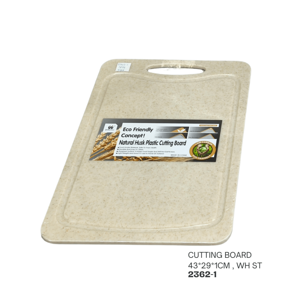 Eco-friendly natural husk plastic cutting board with a label, dimensions 43x29x1 cm.