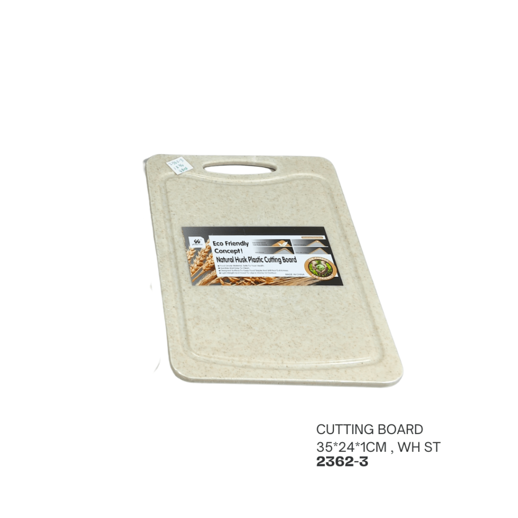 Eco-friendly natural husk plastic cutting board with a handle, measuring 35x24x1 cm.