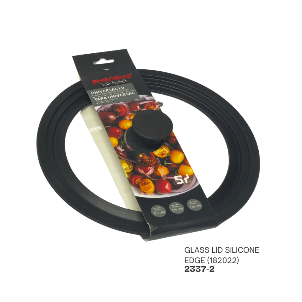 Silicone edge glass lid with a black handle, featuring a packaging design that shows colorful tomatoes on a plate. The label includes product details and dimensions.