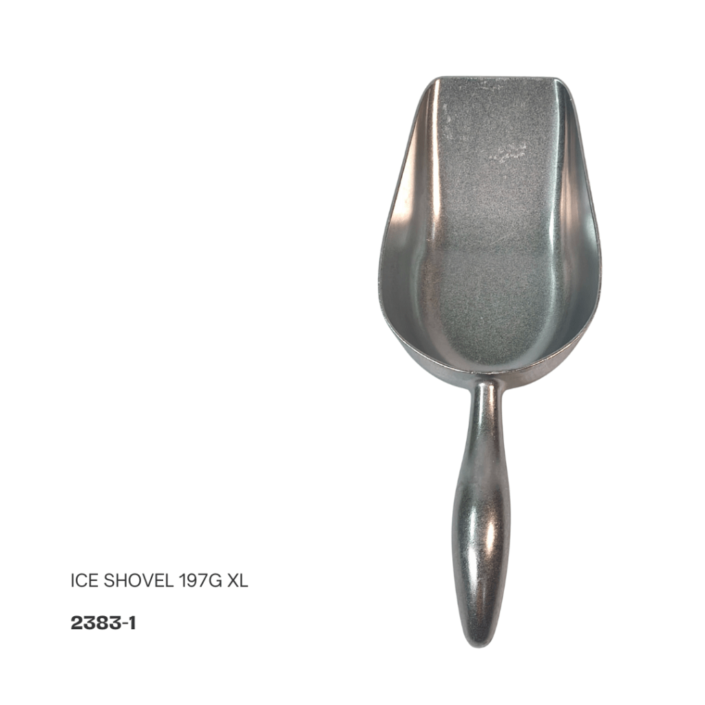 A stainless steel ice shovel with a deep scoop and a smooth handle, labeled 'ICE SHOVEL 197G XL'.