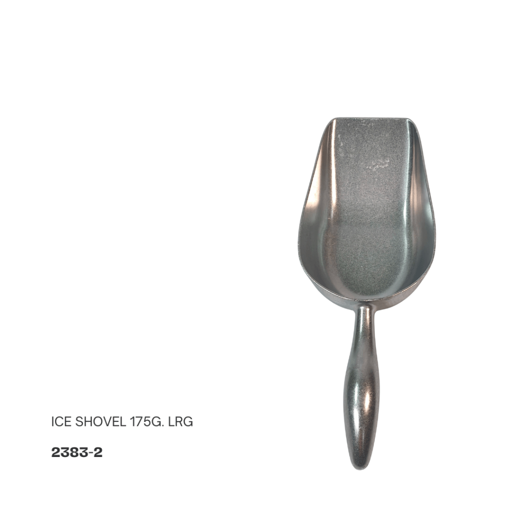 Metal ice shovel with a smooth handle and scooped design, labeled 'ICE SHOVEL 175G. LRG'.