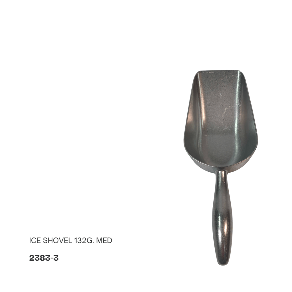 A medium-sized metal ice shovel with a rounded handle, designed for scooping ice.