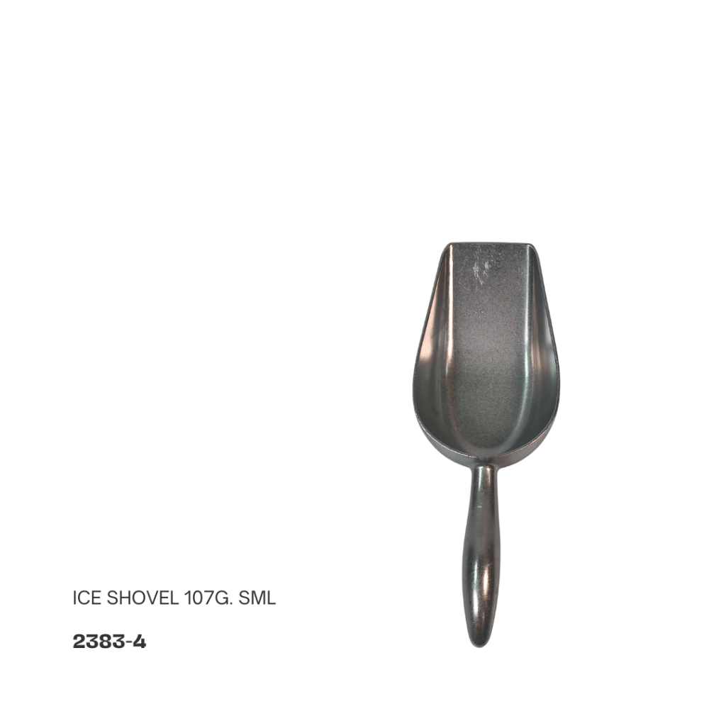 A small metal ice shovel with a rounded scoop and a handle, labeled 'ICE SHOVEL 107G. SML'.