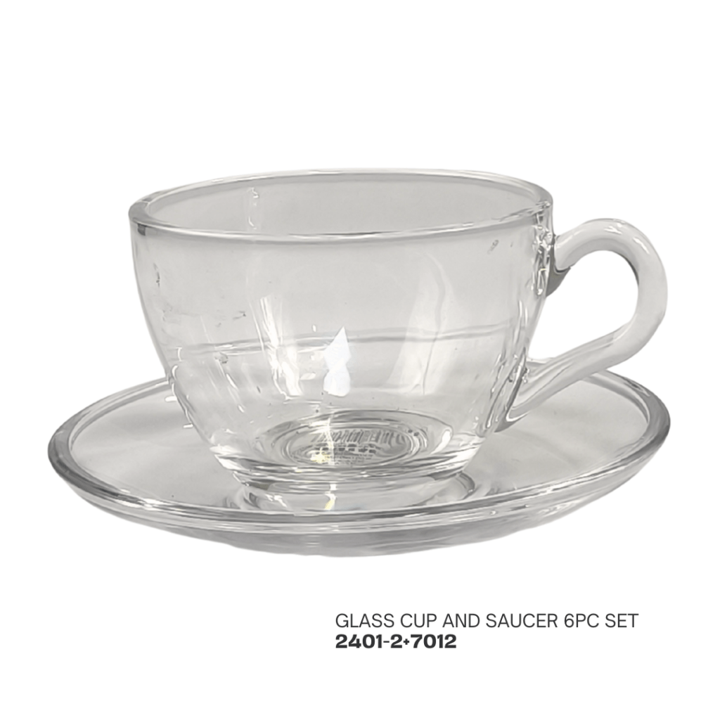 Clear glass cup and saucer set displayed on a plain background, featuring a simple design.