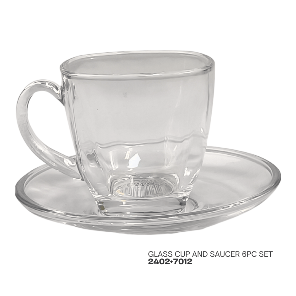 Clear glass cup with handle and matching saucer on a plain background, part of a 6-piece set.