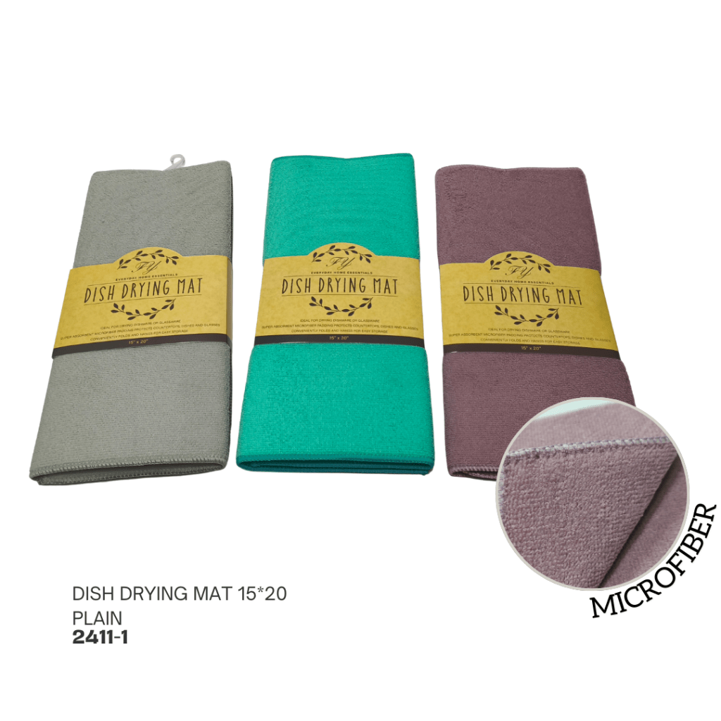 Three dish drying mats in gray, teal, and burgundy colors, each packaged with a label detailing the product. The mats are made of microfiber and measure 15x20 inches.