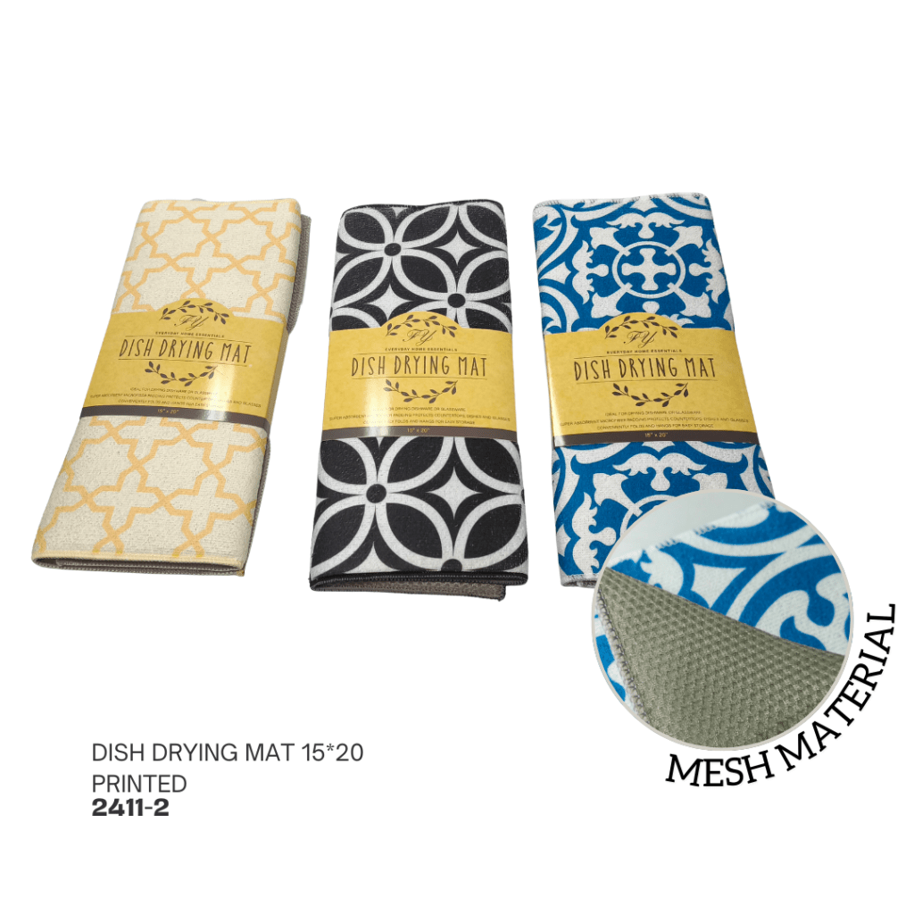 Three printed dish drying mats in different colors and patterns, displayed upright with labels. The mats feature a mesh material and are each 15 inches by 20 inches.