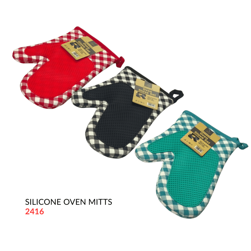 A set of three silicone oven mitts in red, black, and teal with checkered trim, each labeled with a tag.