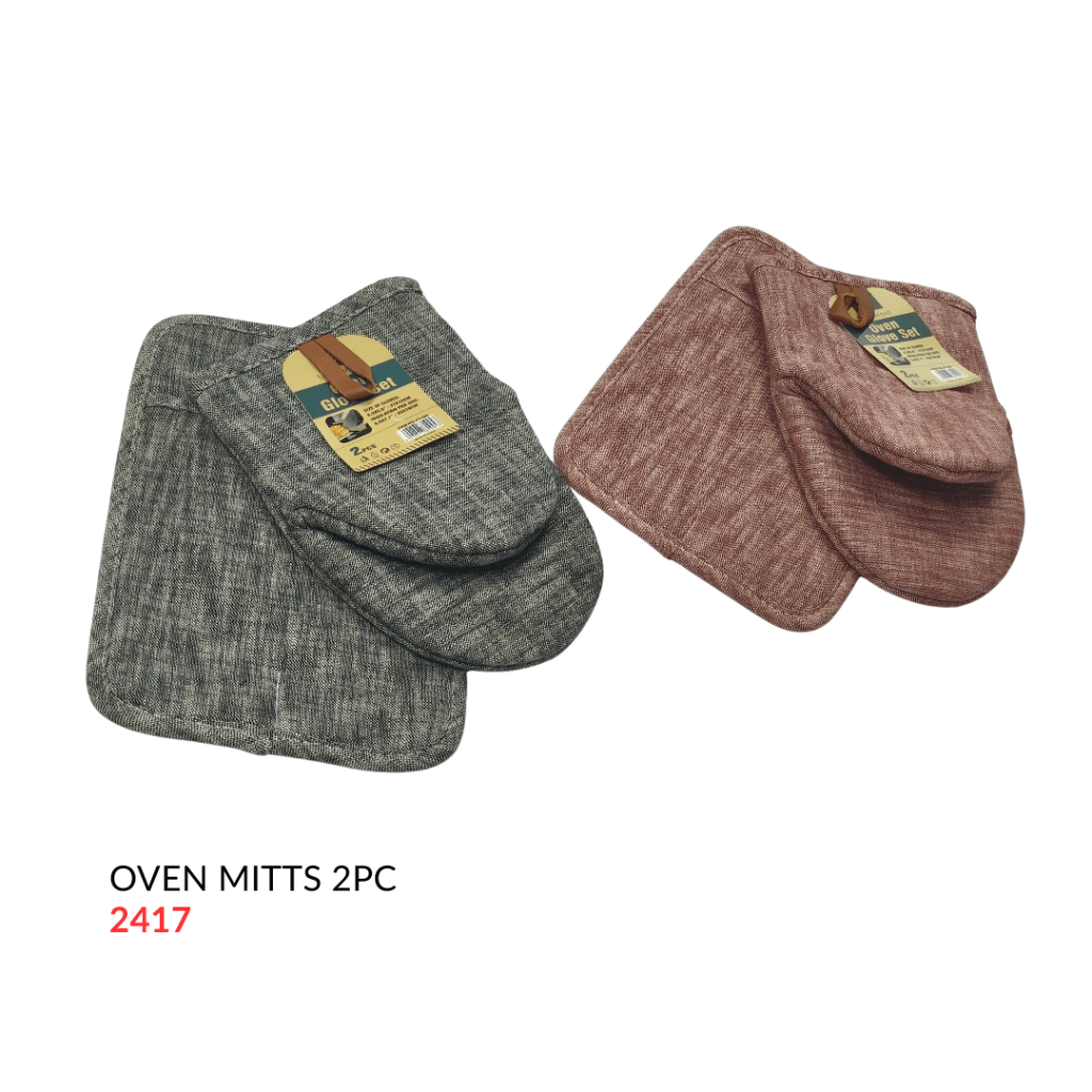 A set of two oven mitts in gray and pink, featuring a textured fabric design, with packaging labels visible.