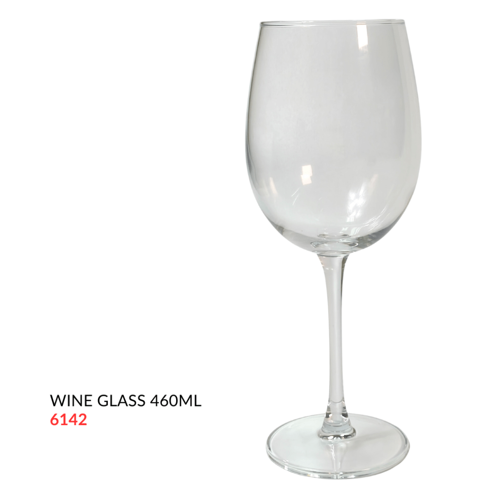 A clear wine glass with a capacity of 460ml, featuring a tall stem and a wide bowl.