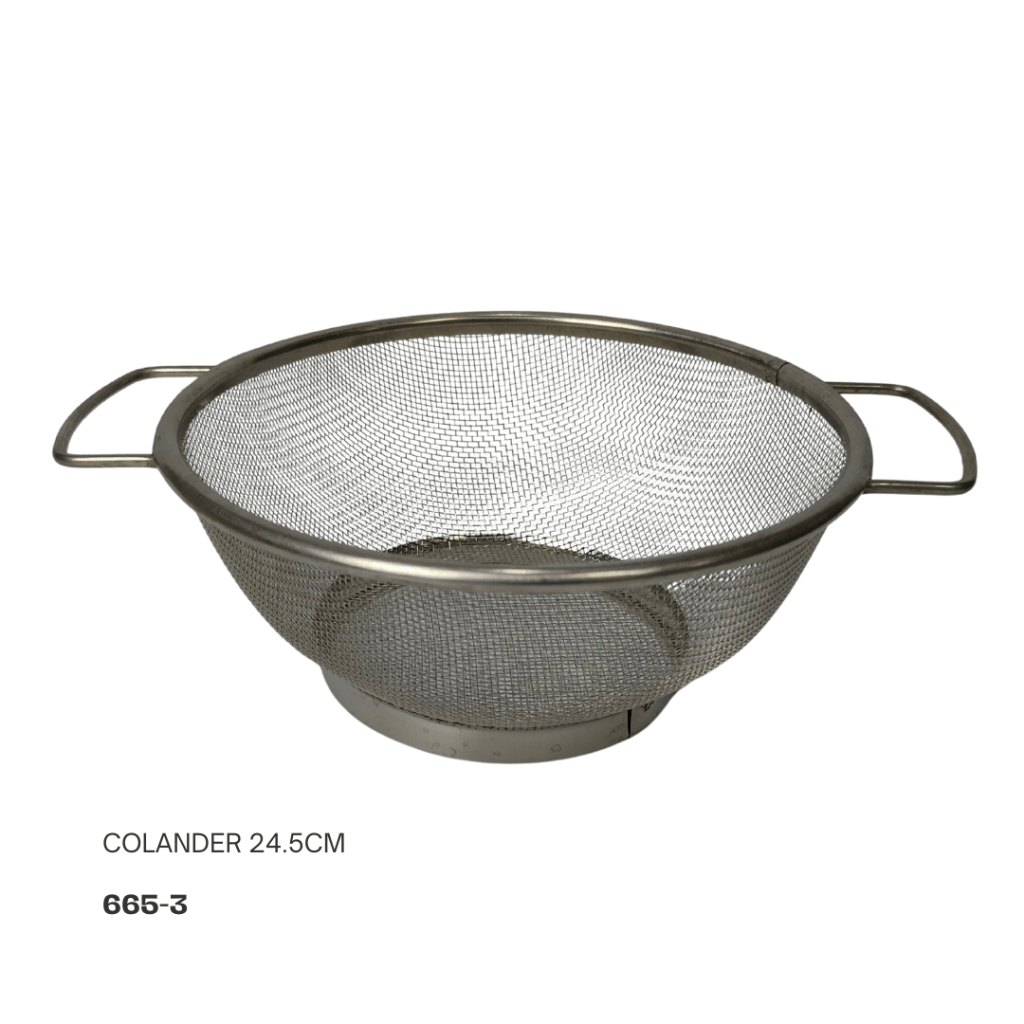 Metal colander with handles, 24.5cm in diameter, used for draining liquids from food.