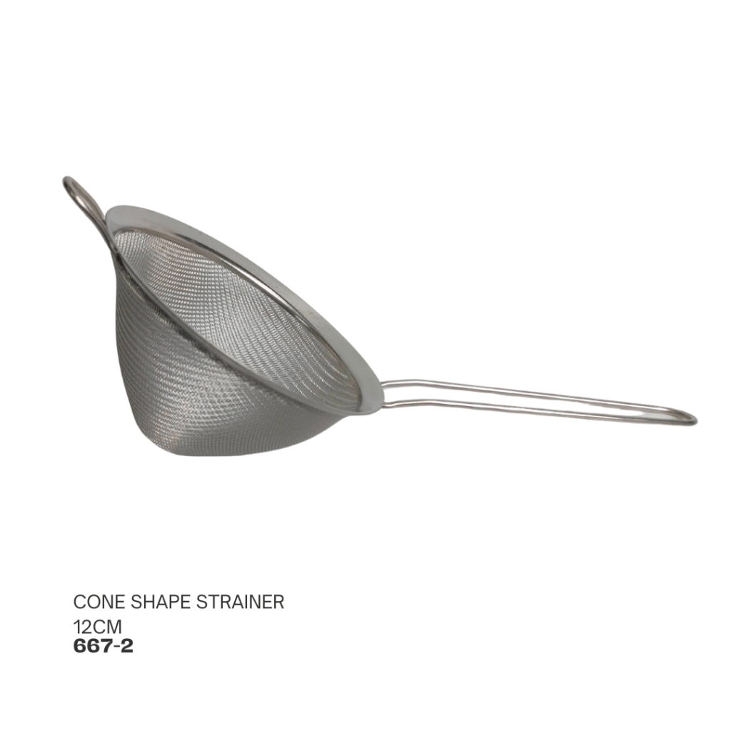 Stainless steel cone shape strainer, 12cm in size.