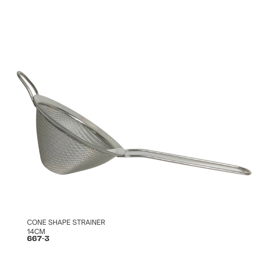 Cone shape strainer made of stainless steel, measuring 14cm, with a long handle for easy handling.