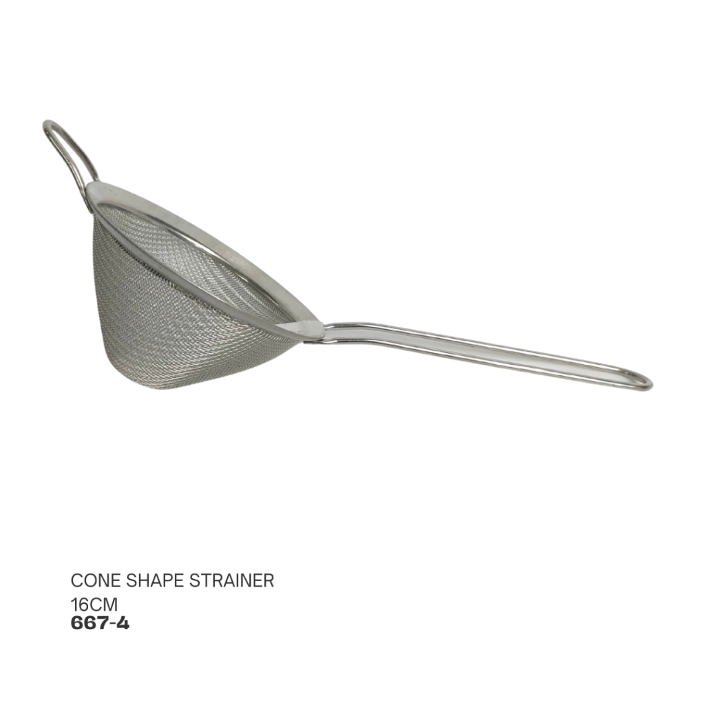 A stainless steel cone-shaped strainer, 16 cm in size, with a long handle.