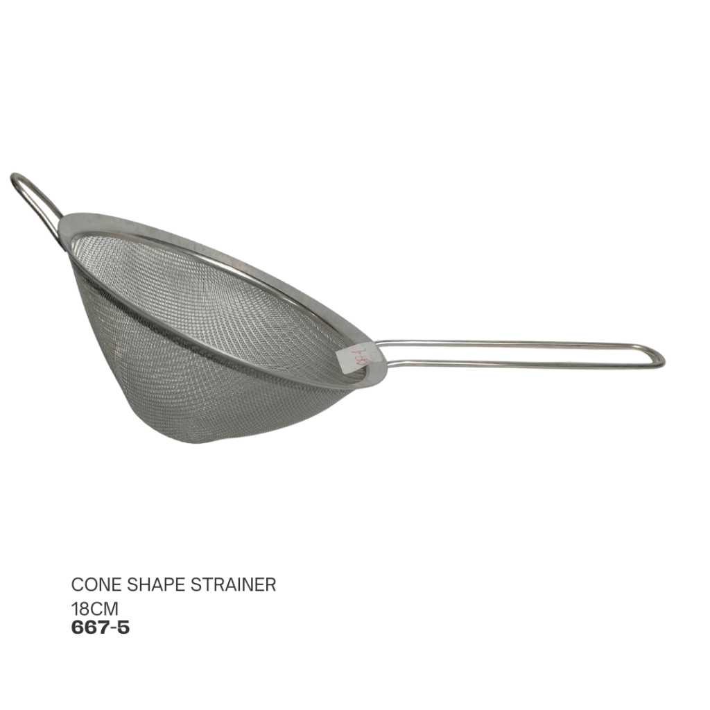 A cone-shaped metal strainer with a fine mesh design, measuring 18cm.