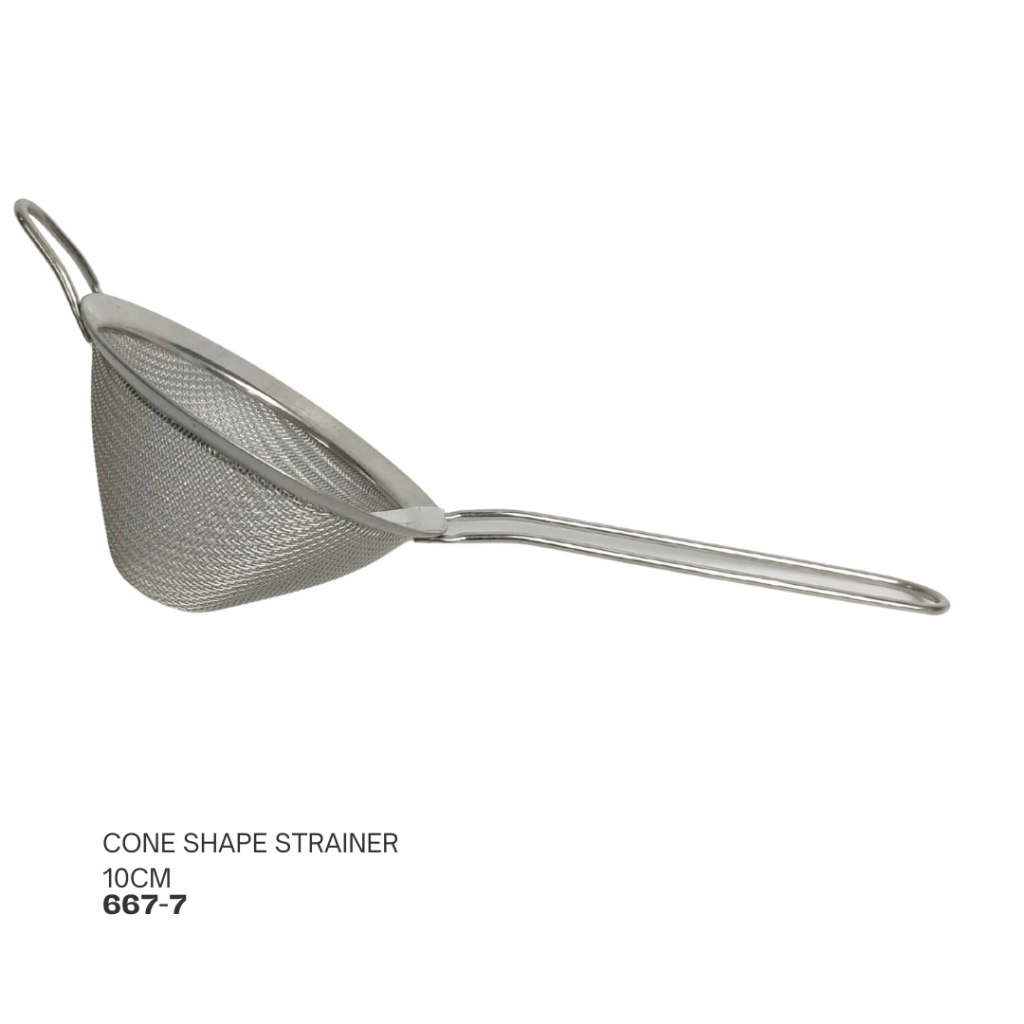 A stainless steel cone-shaped strainer with a long handle, measuring 10cm in diameter.