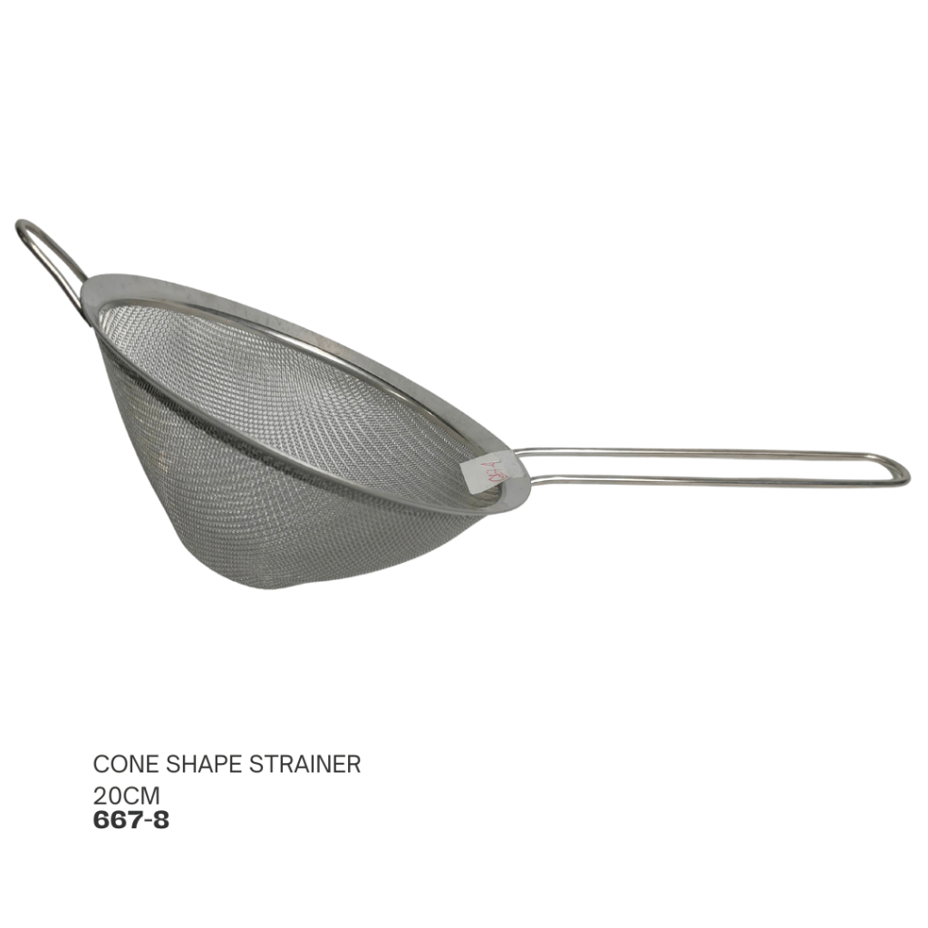 A 20cm cone-shaped strainer made of stainless steel with two handles.