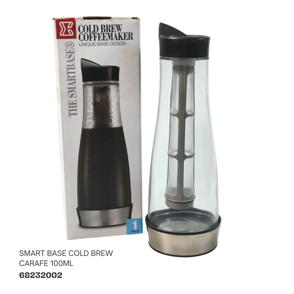 Smart Base cold brew coffee maker carafe with a unique base design, featuring a transparent glass body and dark brewed coffee inside, accompanied by packaging.