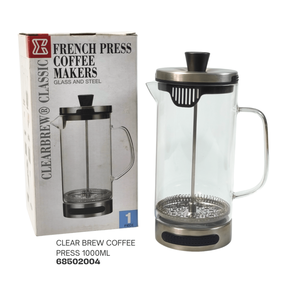 A clear glass French press coffee maker with a stainless steel lid and base, featuring a plunger and a box labeled 'French Press Coffee Makers' next to it.