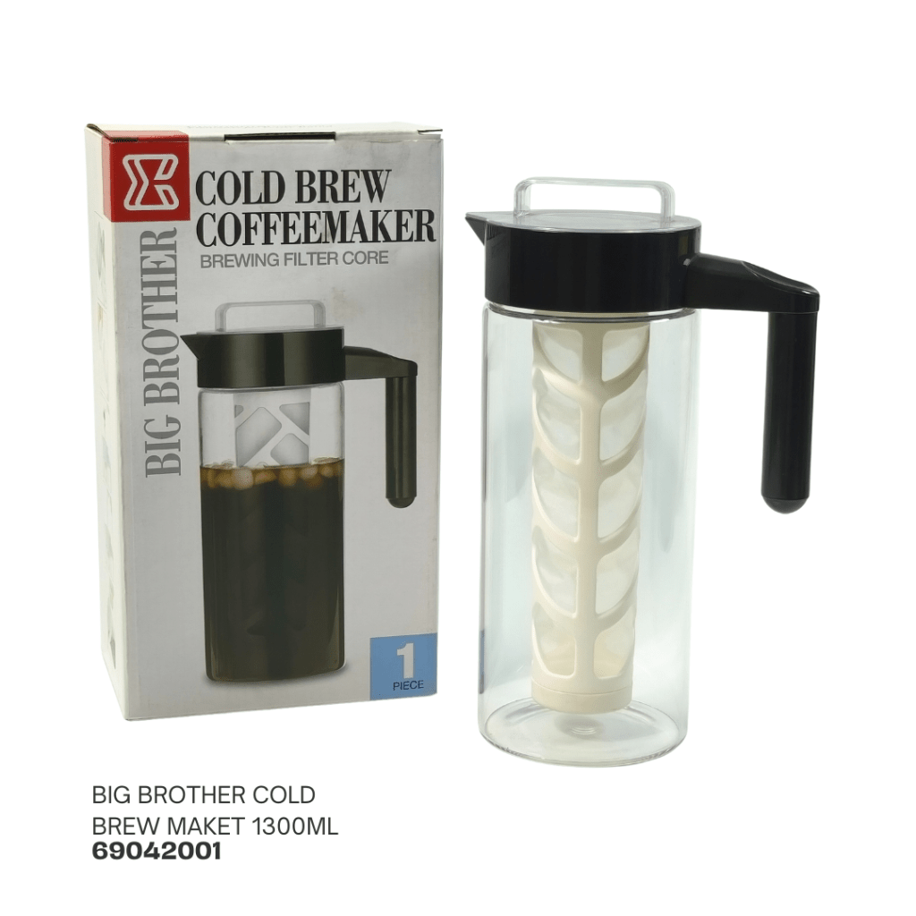 Big Brother Cold Brew Coffeemaker with a transparent container and black handle, alongside its packaging. The product includes a brewing filter core and is designed for making cold brew coffee, with a capacity of 1300ml.