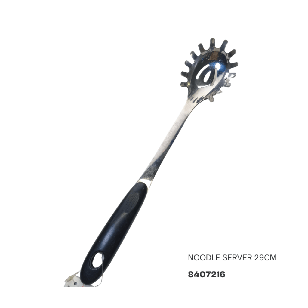 Stainless steel noodle server with a black handle, measuring 29cm.