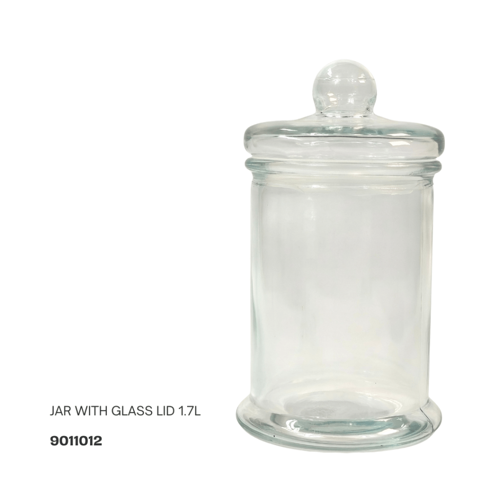 Clear glass jar with a glass lid, holding 1.7 liters capacity.