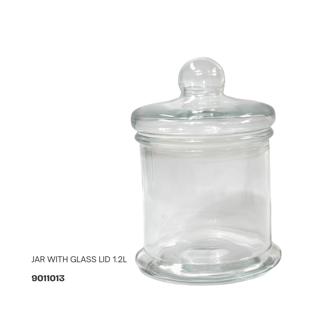 Clear glass jar with a lid, capacity 1.2 liters.