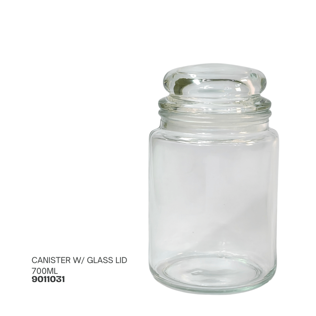 Clear glass canister with a glass lid, 700ml capacity.