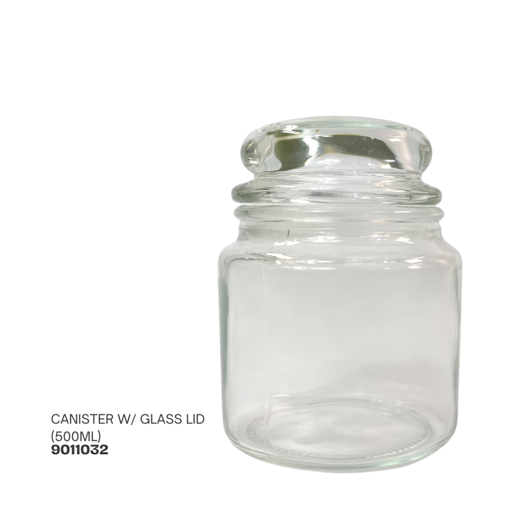 Clear glass canister with a glass lid, 500ml capacity.