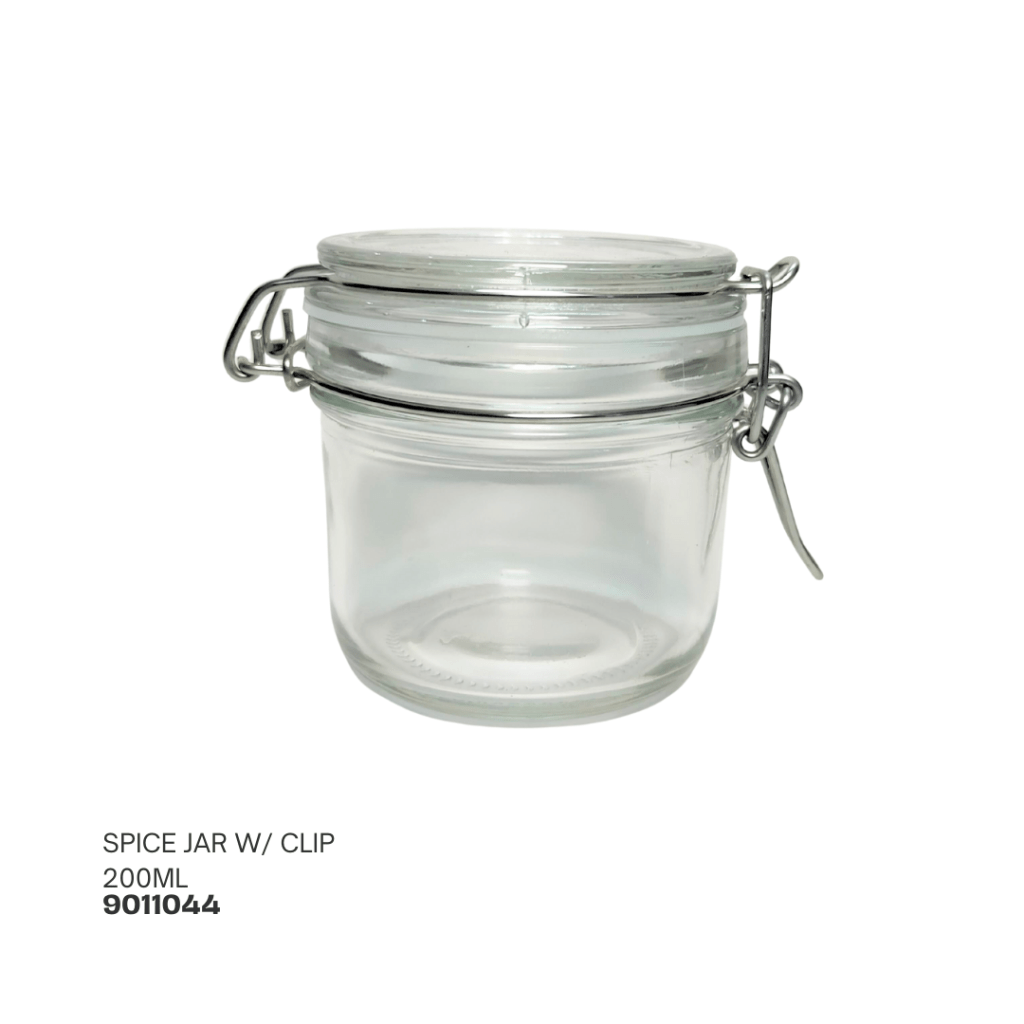 Clear glass spice jar with a metal clip closure, 200ml capacity.