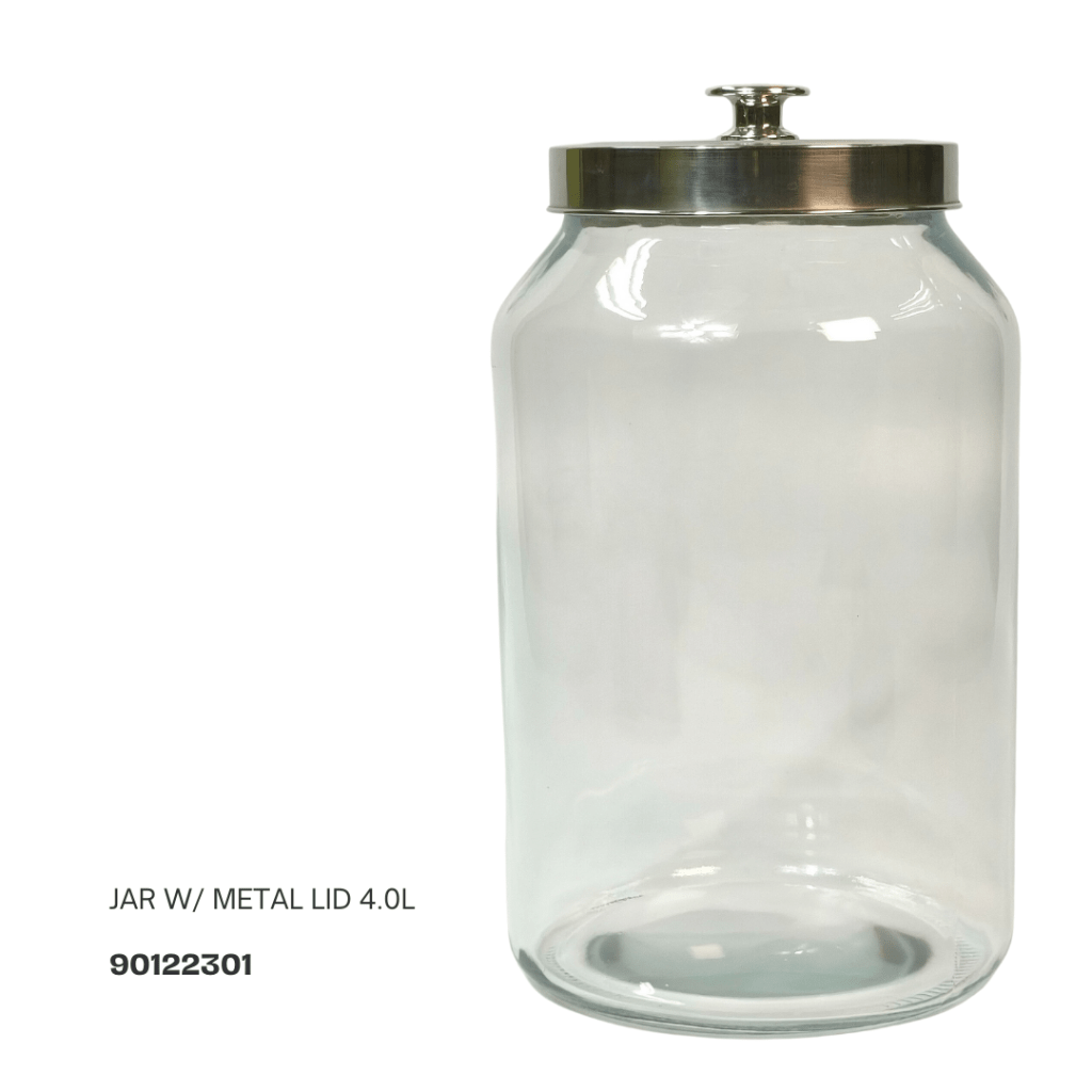 Clear glass jar with a metal lid, capacity 4.0 liters.