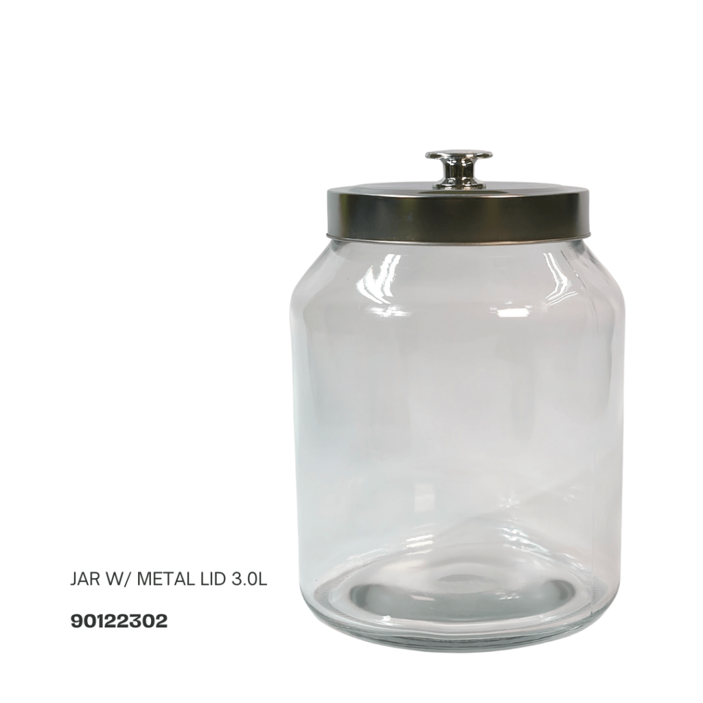 Clear glass jar with a metal lid, 3.0-liter capacity.