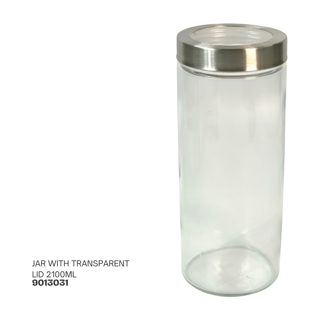 Clear glass jar with a stainless steel lid, holding 2100ml.
