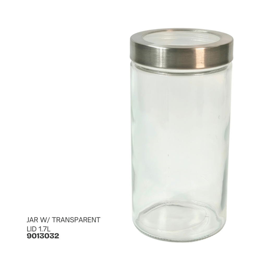 Clear glass jar with a transparent lid, holding 1.7 liters.