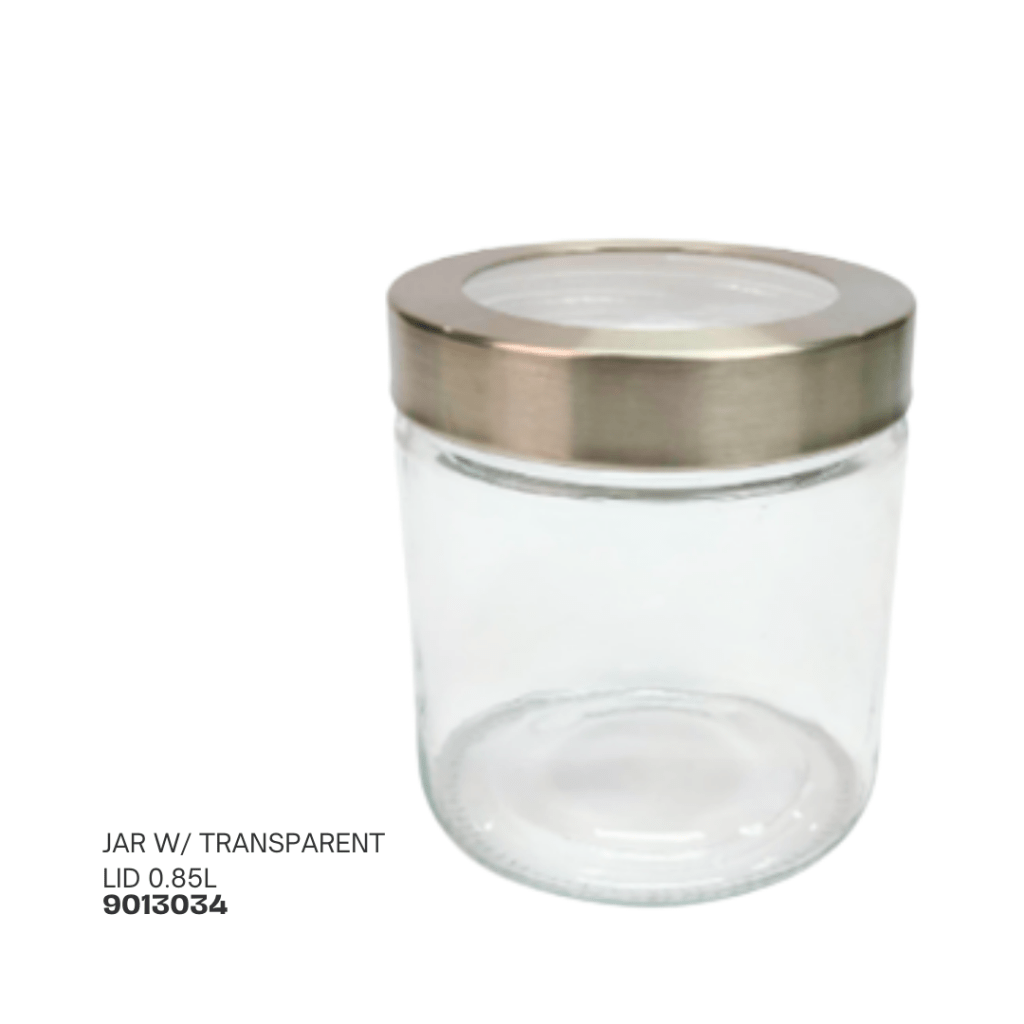 Clear glass jar with a transparent lid, capacity of 0.85 liters.