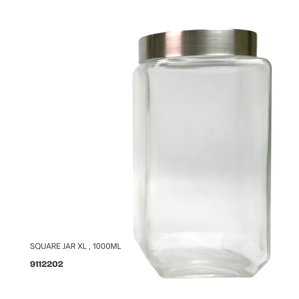 Clear square glass jar with a metallic lid, 1000ml capacity.