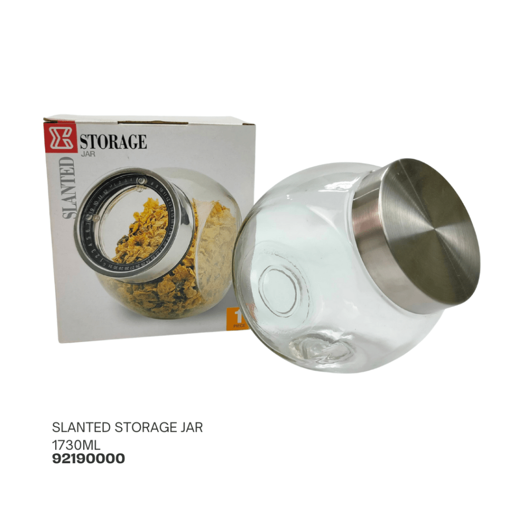 Clear slanted storage jar with a stainless steel lid and a box packaging, labeled as 1730ml.