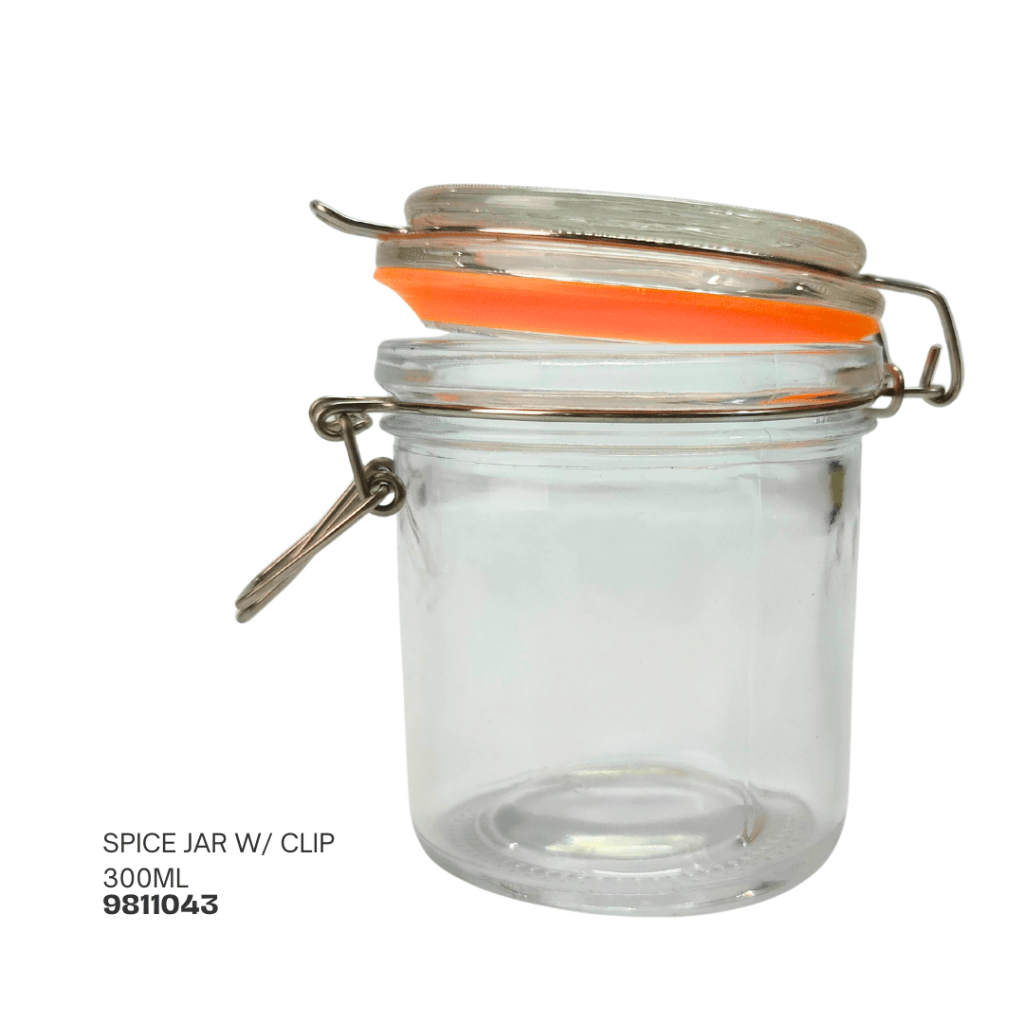 Clear glass spice jar with metal clip and orange silicone seal, 300ml capacity.