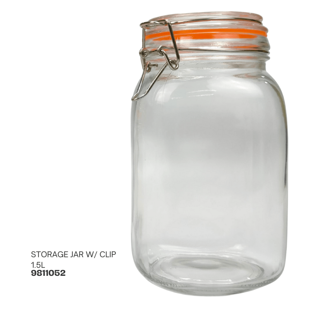 Clear glass storage jar with a metal clip and orange sealing ring, capacity 1.5L.