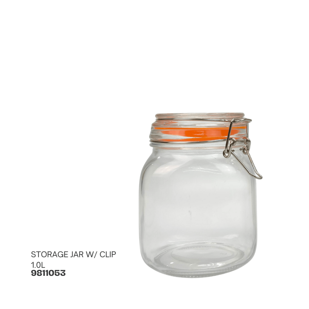 Clear glass storage jar with an orange clip lid, capacity 1.0L.