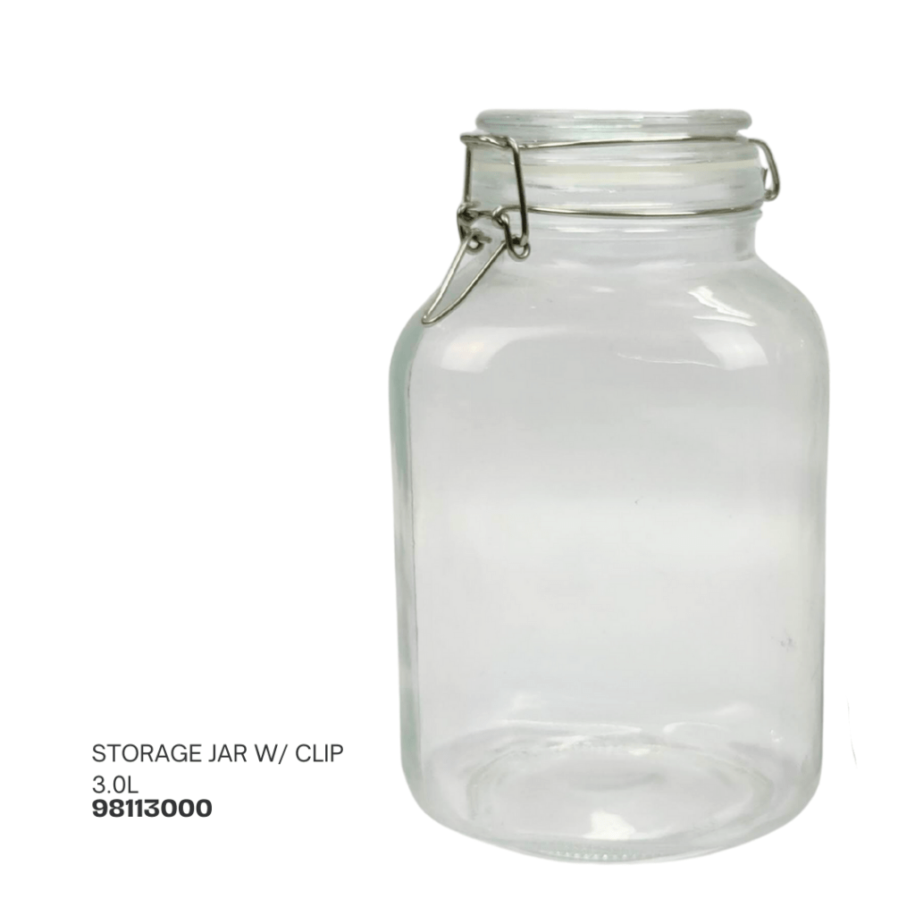 Clear glass storage jar with a metal clip, 3.0 liters capacity.