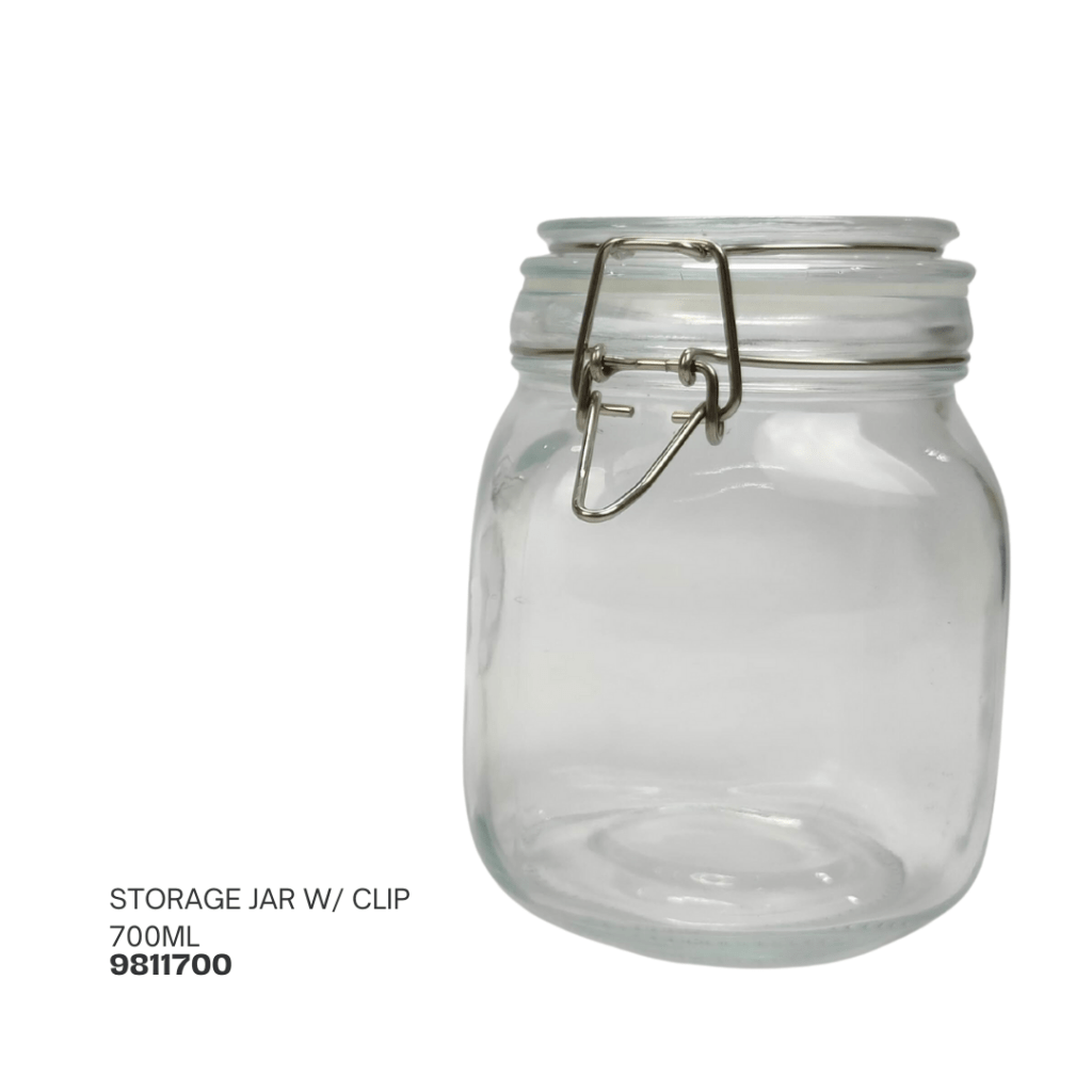 Clear glass storage jar with a metal clip closure, 700ml capacity.