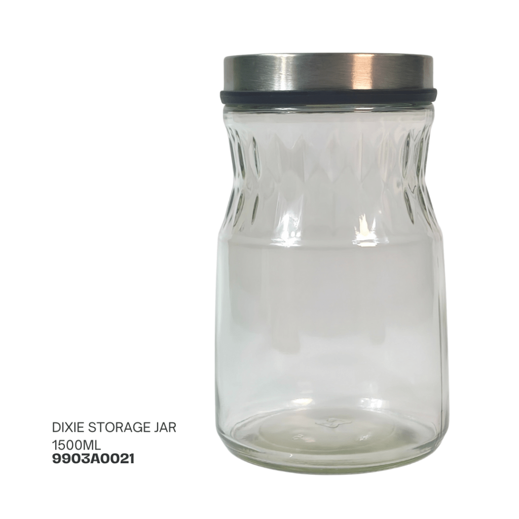 Clear glass storage jar with a stainless steel lid, 1500ml capacity, featuring a textured design.