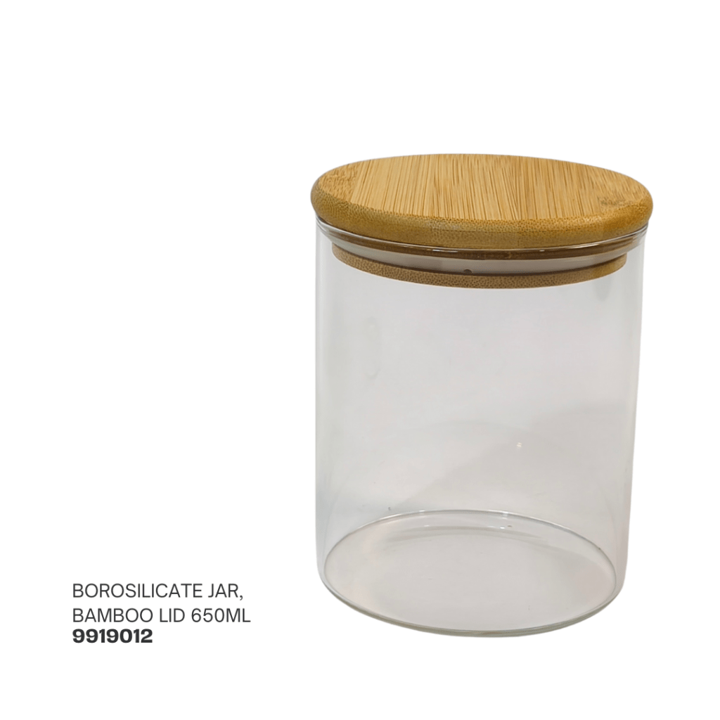 Borosilicate jar with a bamboo lid, designed for storage, capacity of 650ml.