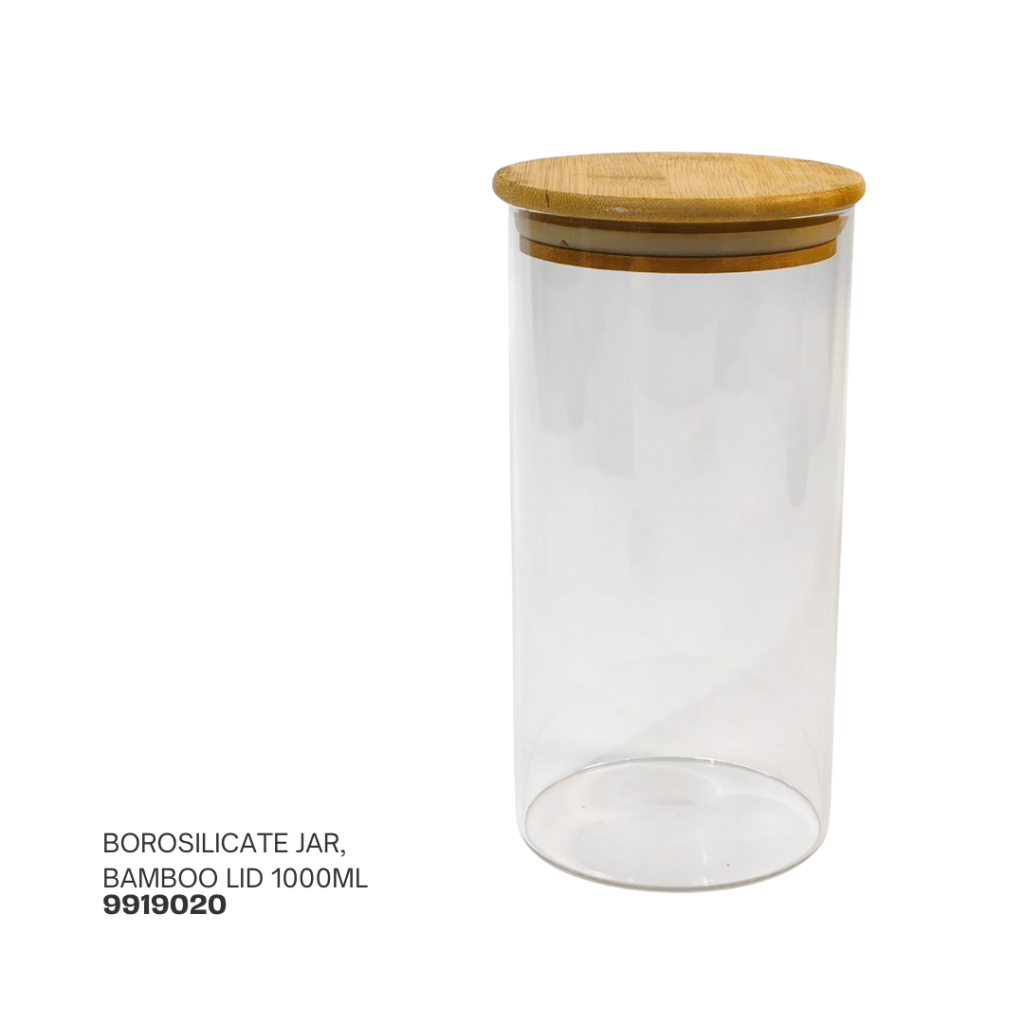 Borosilicate storage jar with bamboo lid, 1000ml capacity.