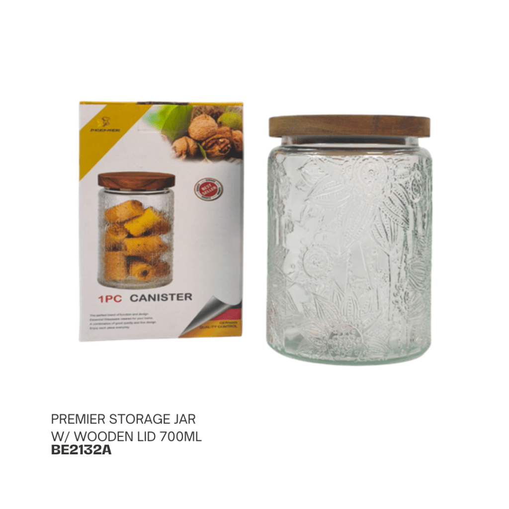 A glass storage jar with a decorative floral design, featuring a wooden lid, displayed next to its packaging that reads 'Premier Storage Jar 700ml'.