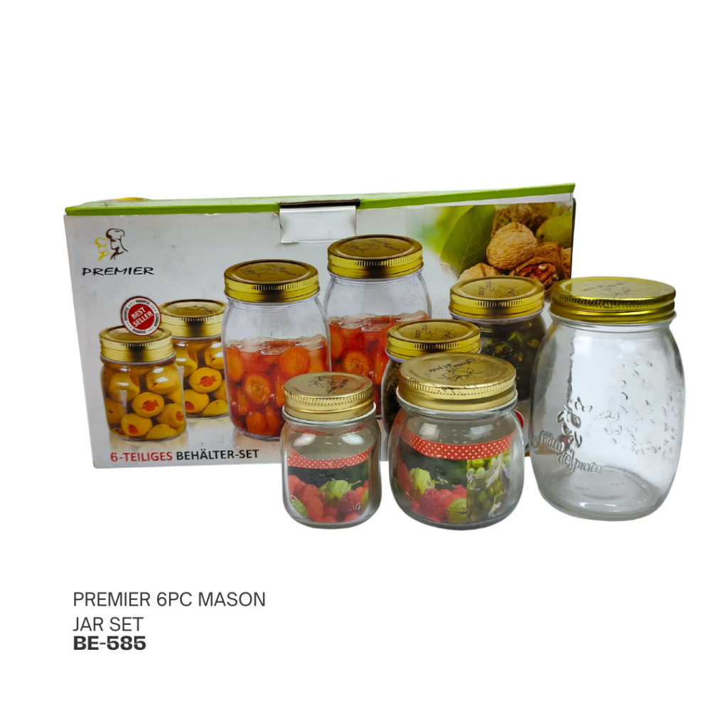 A 6-piece mason jar set by Premier, displayed with a variety of jars in front of their packaging. The jars feature gold lids and are designed for storage, with some jars showcasing colorful contents.