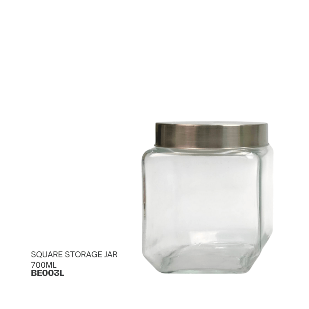 A clear glass square storage jar with a stainless steel lid, holding 700ml.